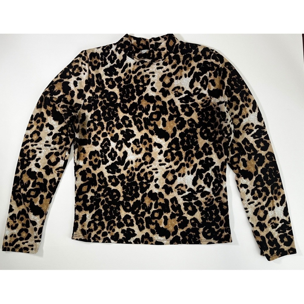Gaze Womens Leopard Print Mock Neck Long Sleeve Top - Size L